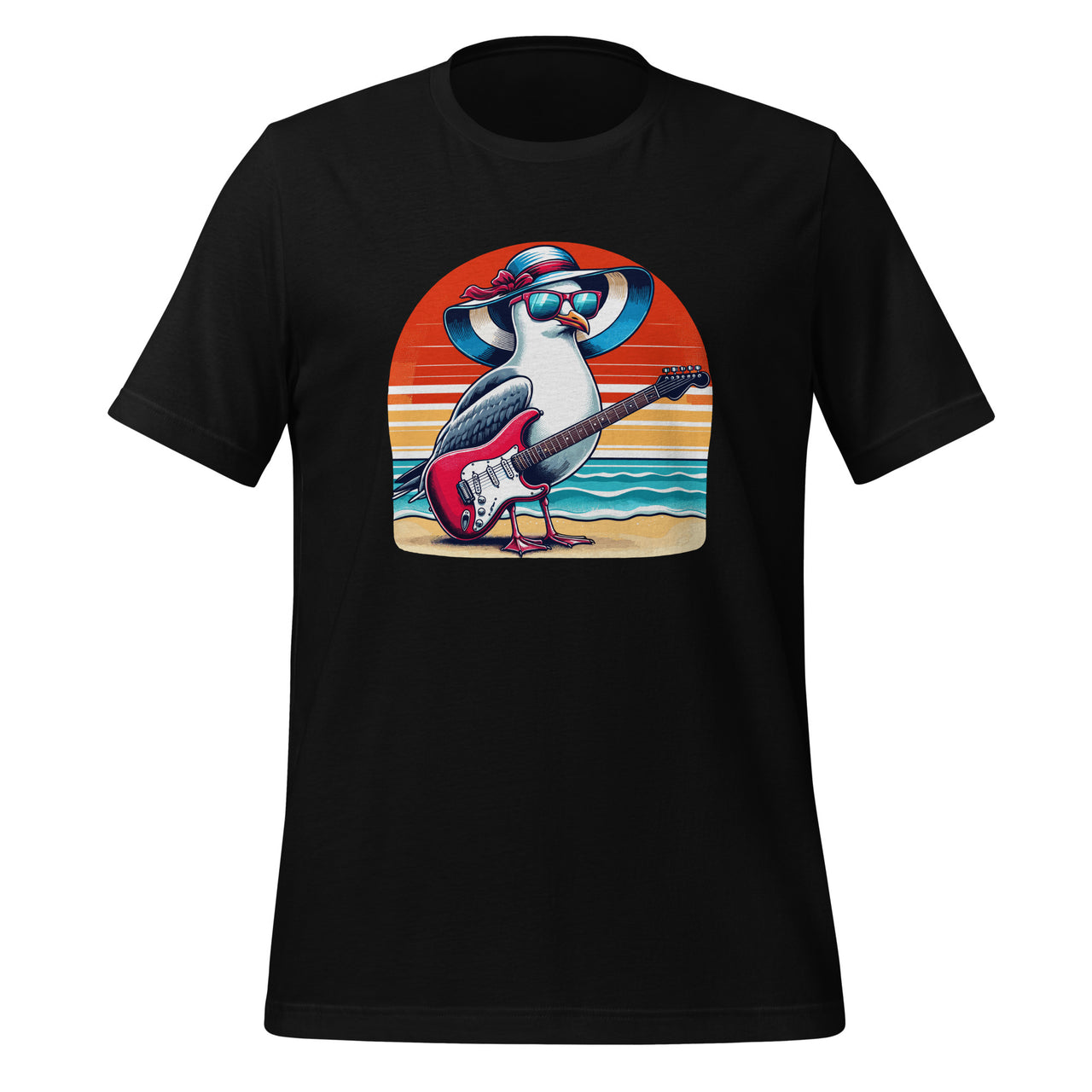 Funny Seagull With Beach Hat And Electric Guitar Art Unisex T-Shirt