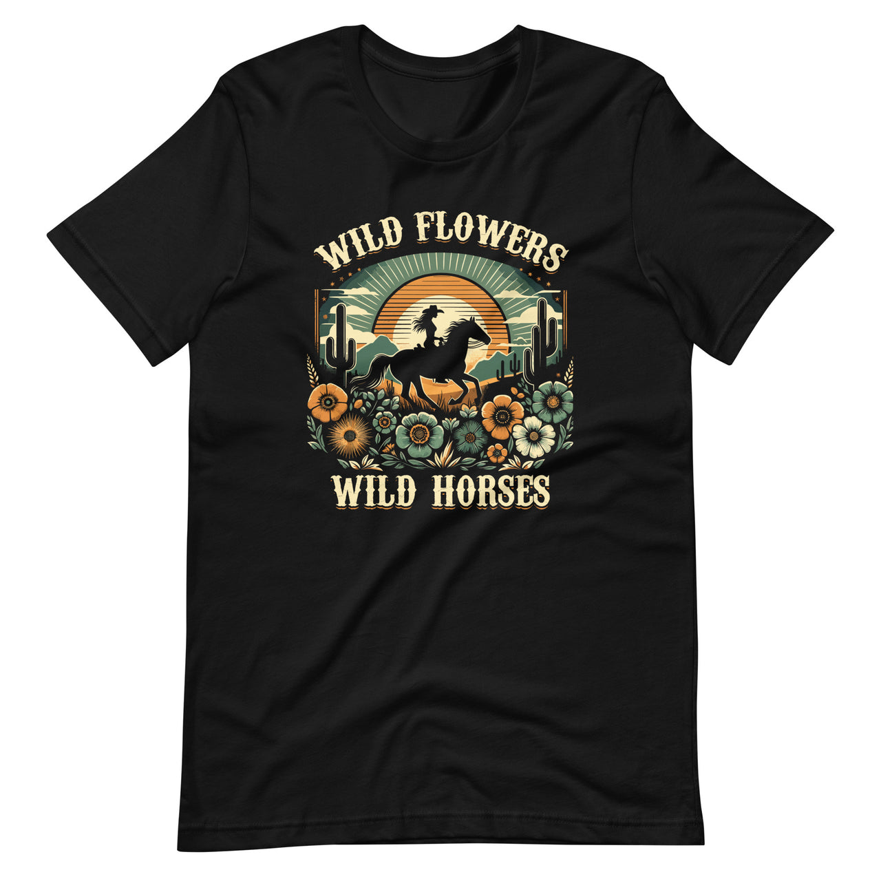 Wild Flowers And Wild Horses Vintage Sunset Country Cowgirl Unisex T-Shirt