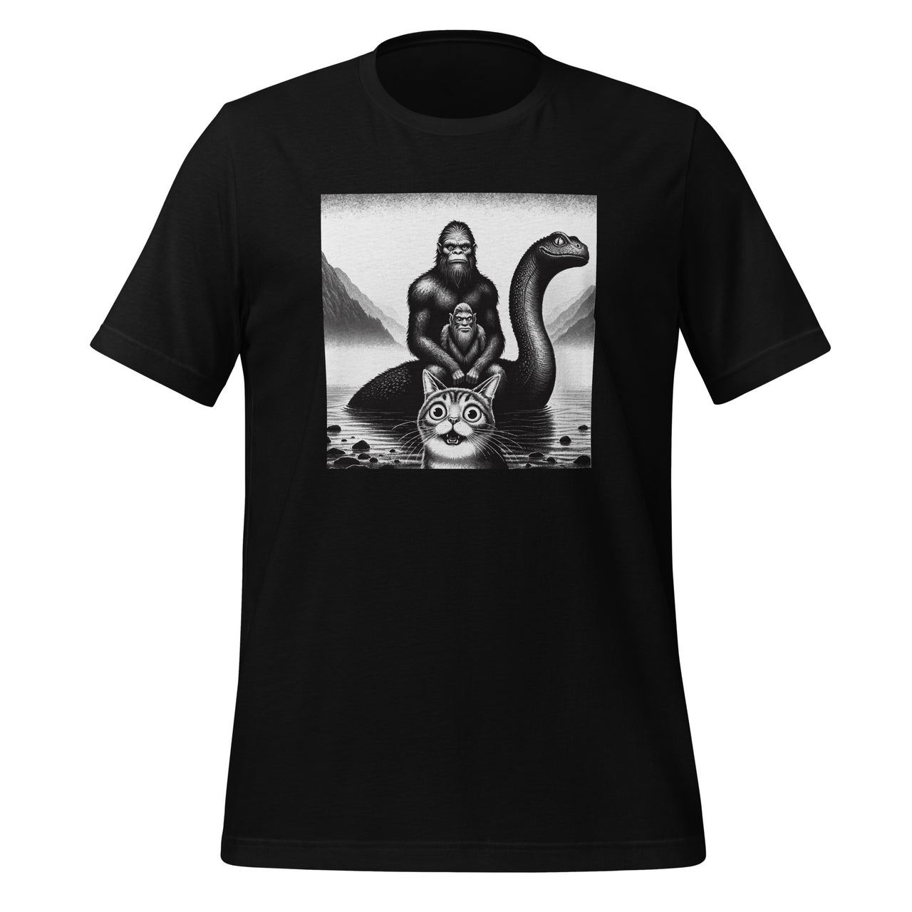 Bigfoot Riding Loch Ness Monster Surprised Scared Cat Selfie Unisex T-Shirt