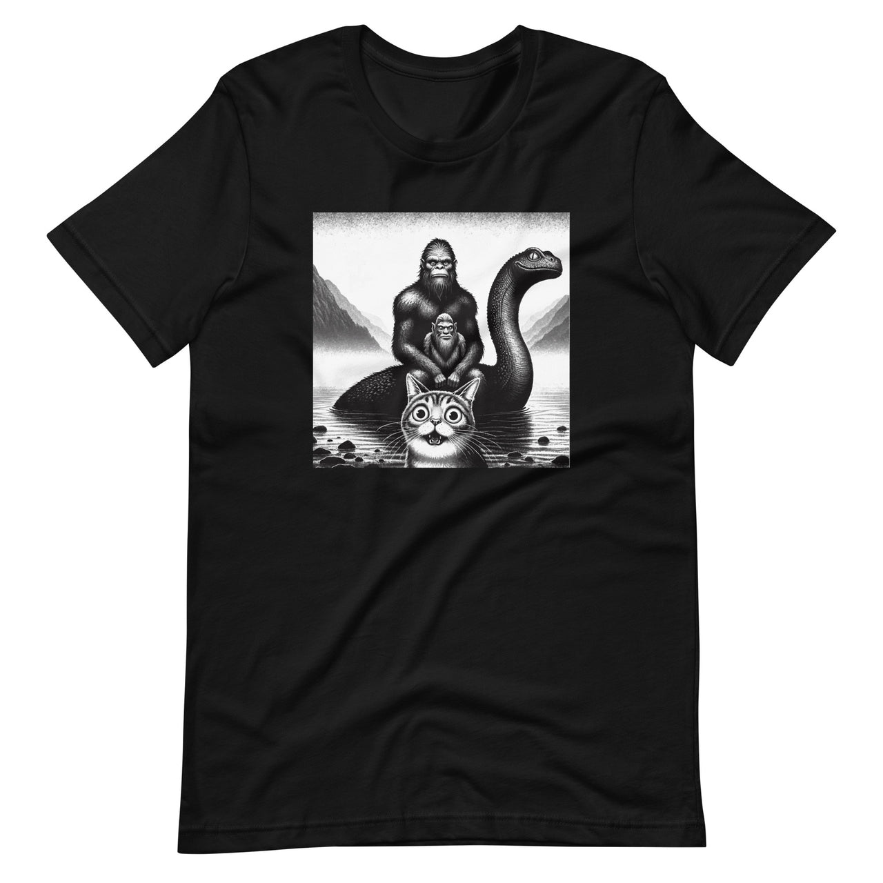 Bigfoot Riding Loch Ness Monster Surprised Scared Cat Selfie Unisex T-Shirt