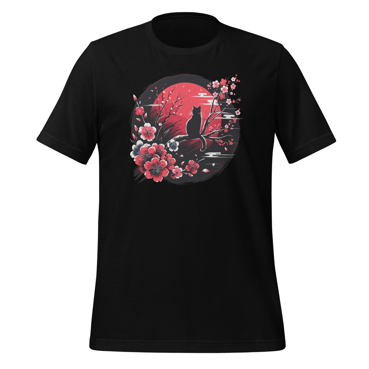 Japanese Ink Painting Cat Cherry Blossom Flower Sun Unisex T-Shirt