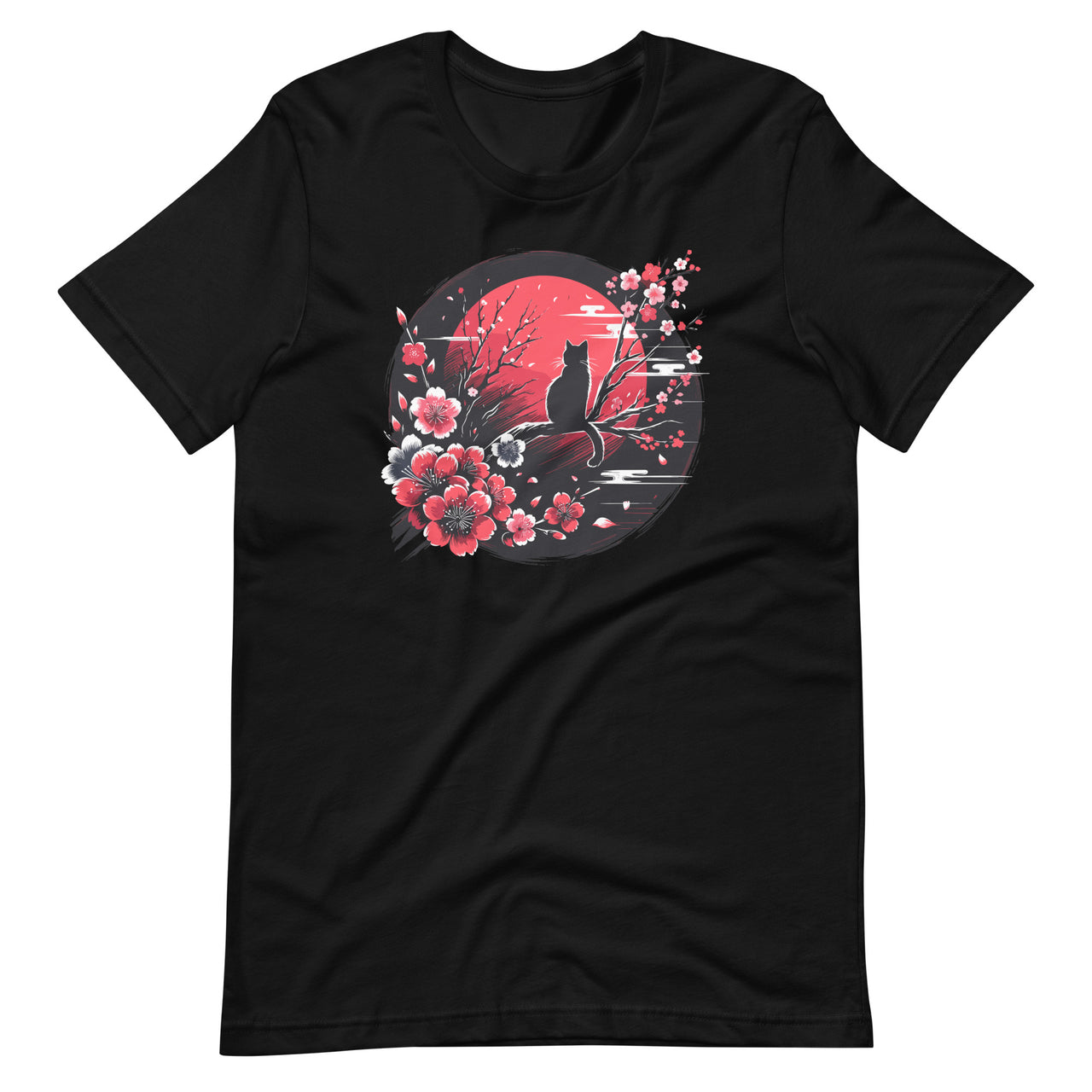 Japanese Ink Painting Cat Cherry Blossom Flower Sun Unisex T-Shirt