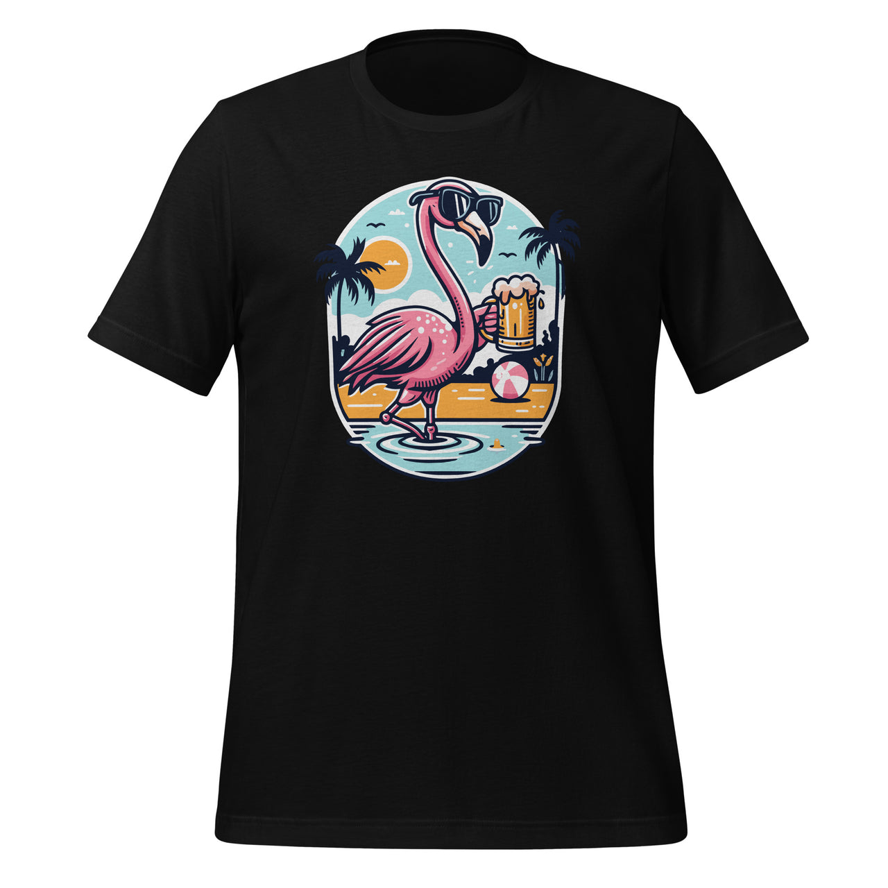 Funny Flamingo Bird Drinking Mug Of Beer Summer Vacation Unisex T-Shirt