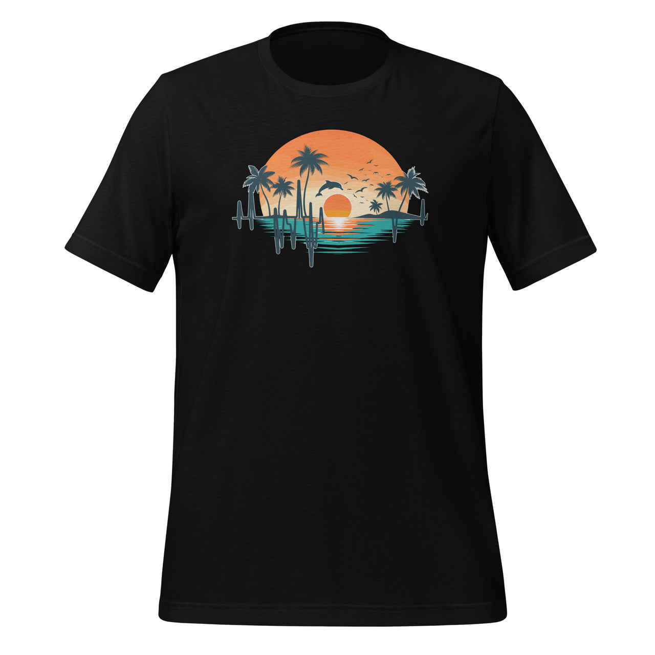 Heartbeat With Tropical Palm Trees Beach Island And Dolphin Unisex T-Shirt