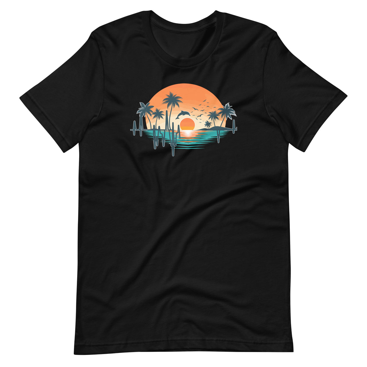 Heartbeat With Tropical Palm Trees Beach Island And Dolphin Unisex T-Shirt