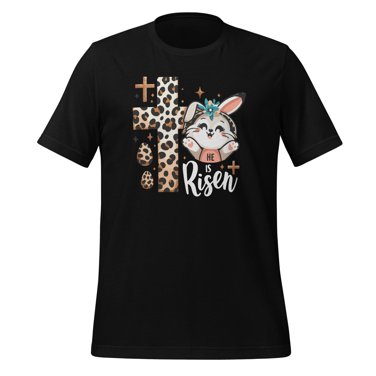 He Is Risen Leopard Cross Bunny Easter Day Christian Faith Unisex T-Shirt