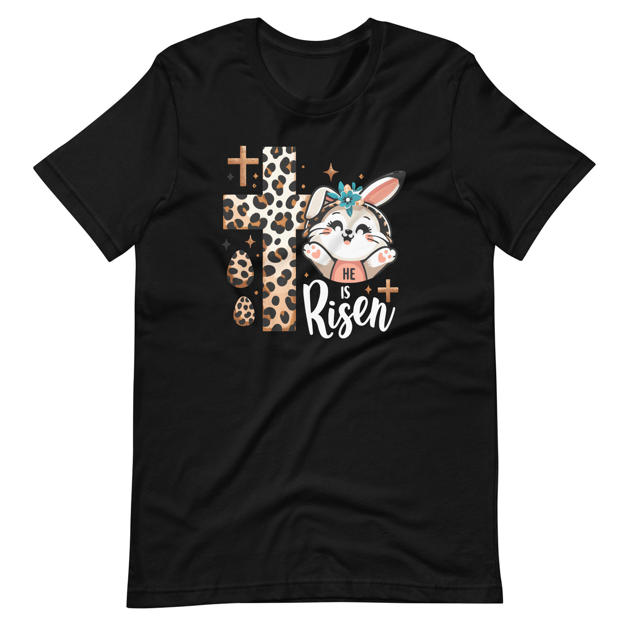 He Is Risen Leopard Cross Bunny Easter Day Christian Faith Unisex T-Shirt