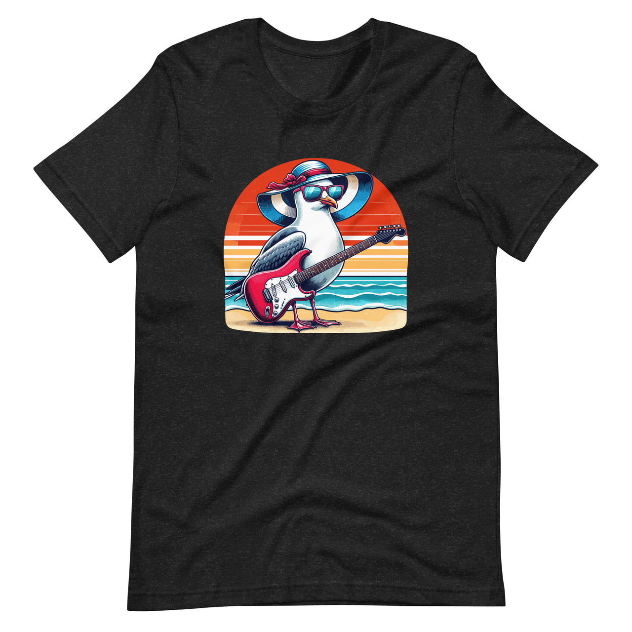 Funny Seagull With Beach Hat And Electric Guitar Art Unisex T-Shirt