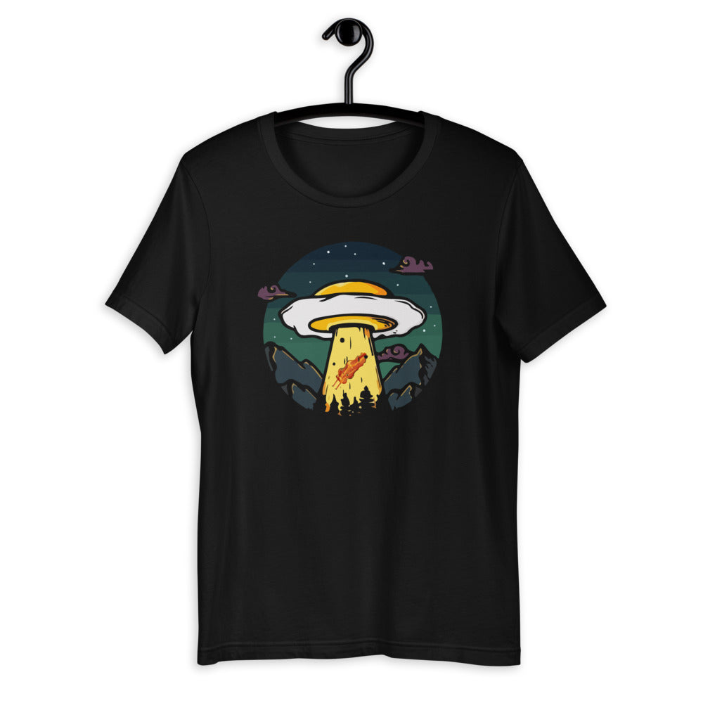 UFO Egg Abducting Bacon - Funny Breakfast Food Lover Short-Sleeve Unisex T-Shirt